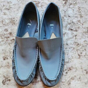 Zara Flat Leather Loafer, Blue US Size 9 EU 40 Slip On Shoe NEW
